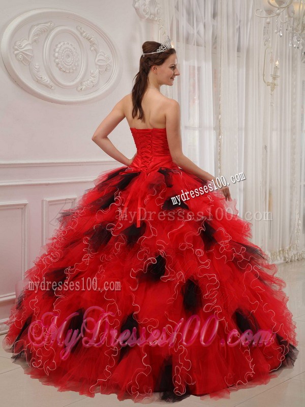 Special Ruffles Beaded Red Quinceanera Gowns with Black Polka Dot
