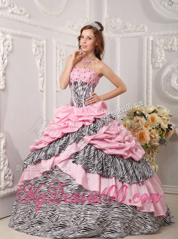 Zebra Print Pick Ups Pink Quinceanera Dresses Lace-up Back Ball Gown