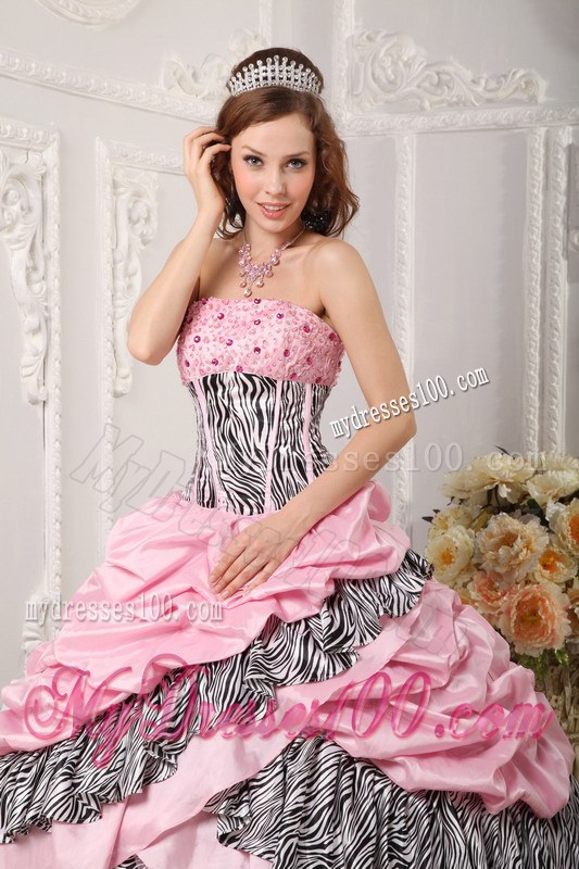 Zebra Print Pick Ups Pink Quinceanera Dresses Lace-up Back Ball Gown
