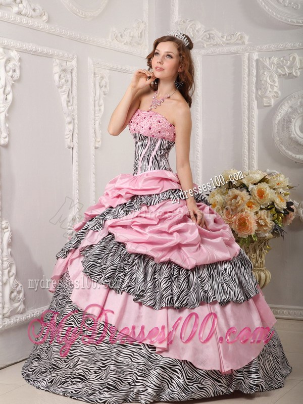 Zebra Print Pick Ups Pink Quinceanera Dresses Lace-up Back Ball Gown