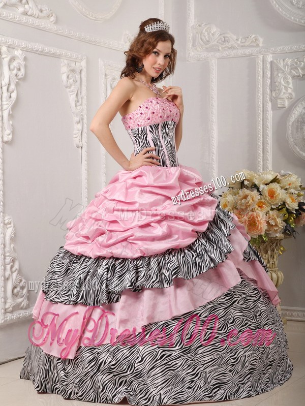 Zebra Print Pick Ups Pink Quinceanera Dresses Lace-up Back Ball Gown
