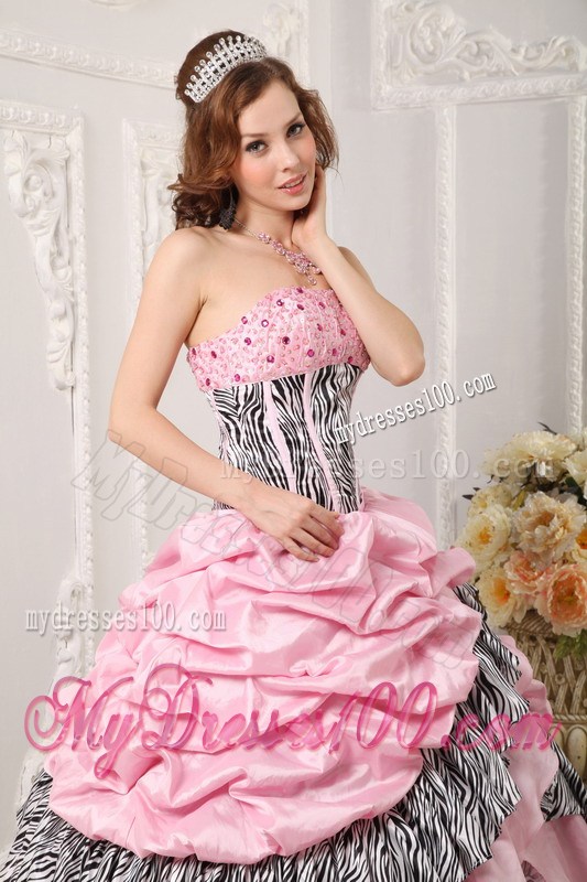 Zebra Print Pick Ups Pink Quinceanera Dresses Lace-up Back Ball Gown