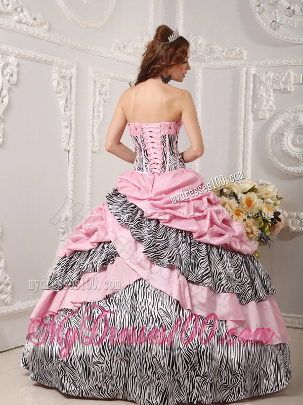 Zebra Print Pick Ups Pink Quinceanera Dresses Lace-up Back Ball Gown
