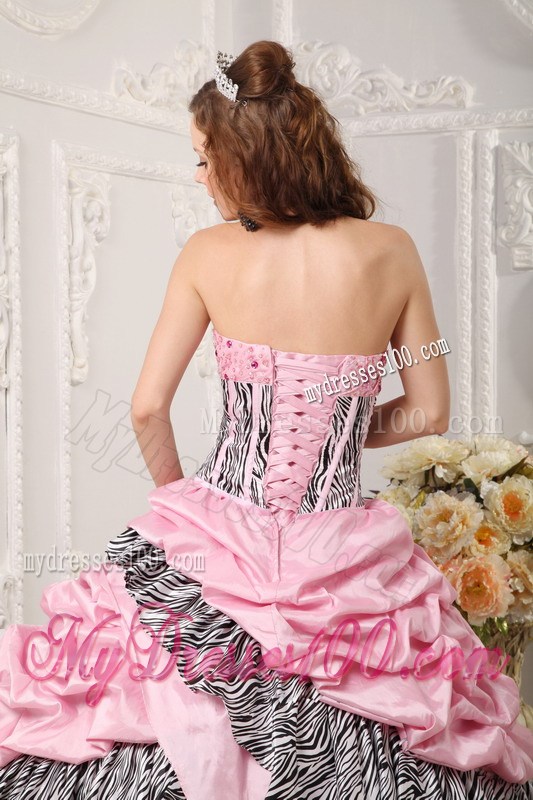Zebra Print Pick Ups Pink Quinceanera Dresses Lace-up Back Ball Gown