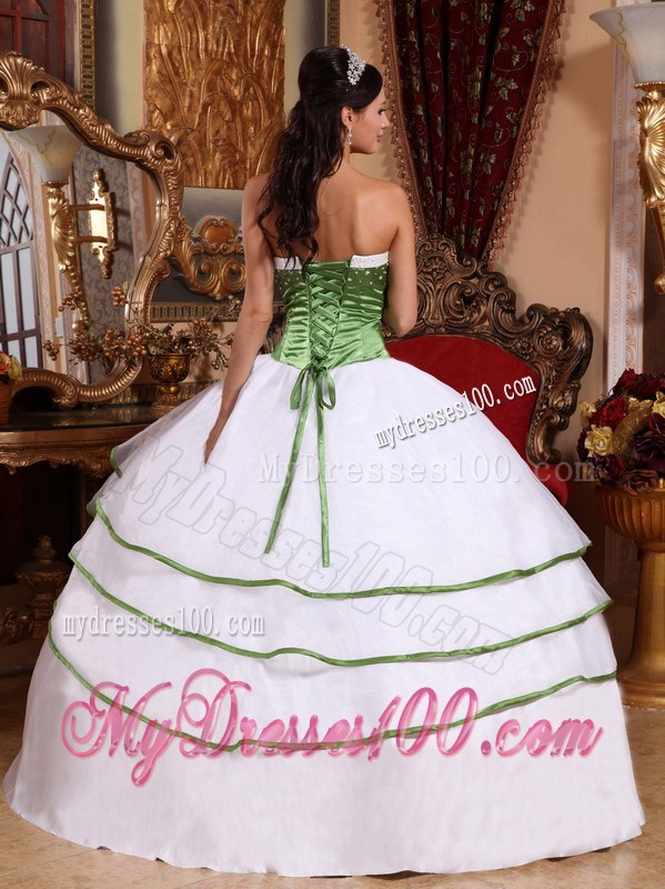 Embroidery Ball Gown Strapless Quinceanera Dresses in White and Green