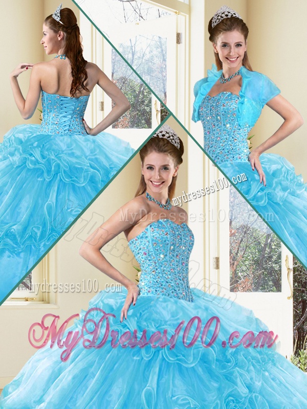 Sweet Ball Gown Sweet 16 Dresses with Beading and Ruffled Layers in Aqua Blue