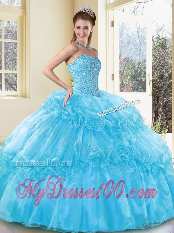 Sweet Ball Gown Sweet 16 Dresses with Beading and Ruffled Layers in Aqua Blue