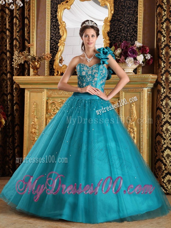 Turquoise Appliques A-line One Shoulder Sweet 15 Dresses