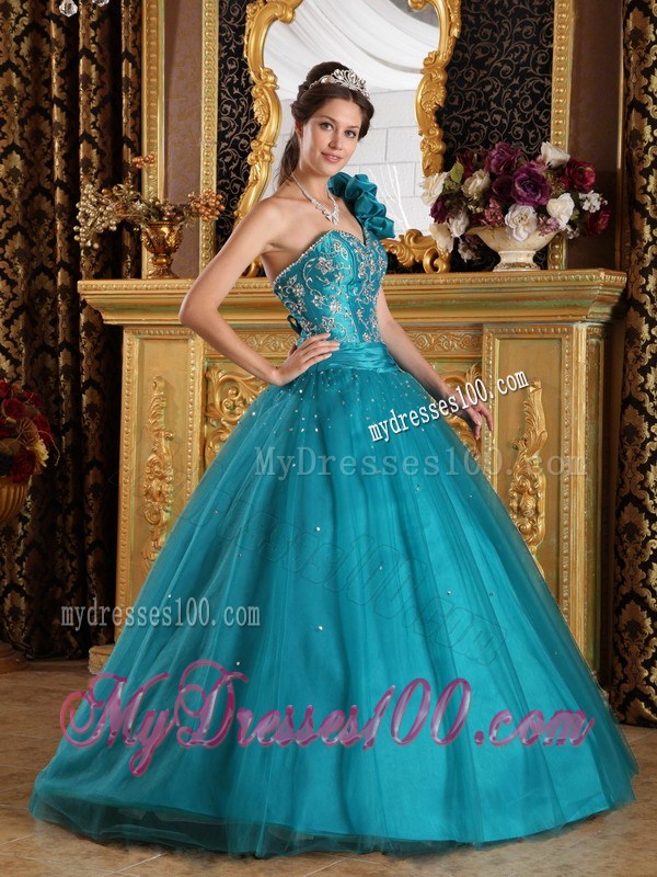 Turquoise Appliques A-line One Shoulder Sweet 15 Dresses