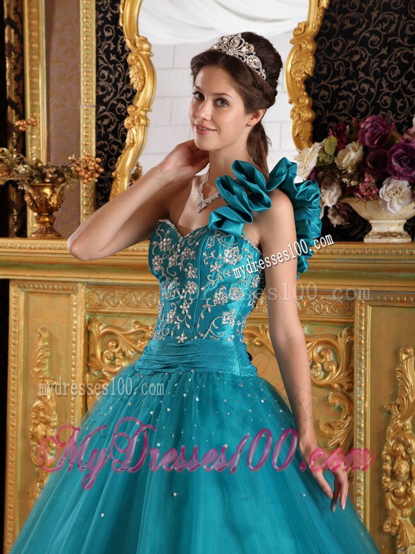 Turquoise Appliques A-line One Shoulder Sweet 15 Dresses