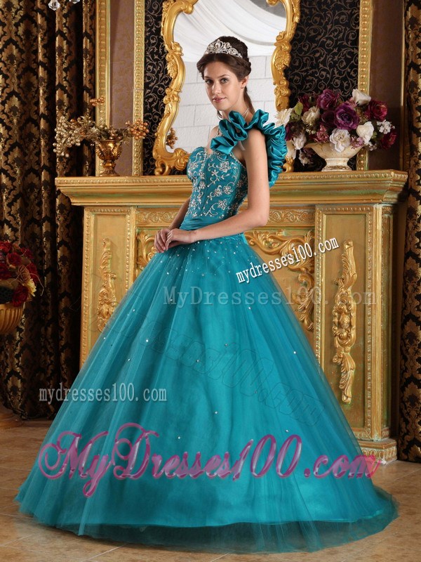 Turquoise Appliques A-line One Shoulder Sweet 15 Dresses