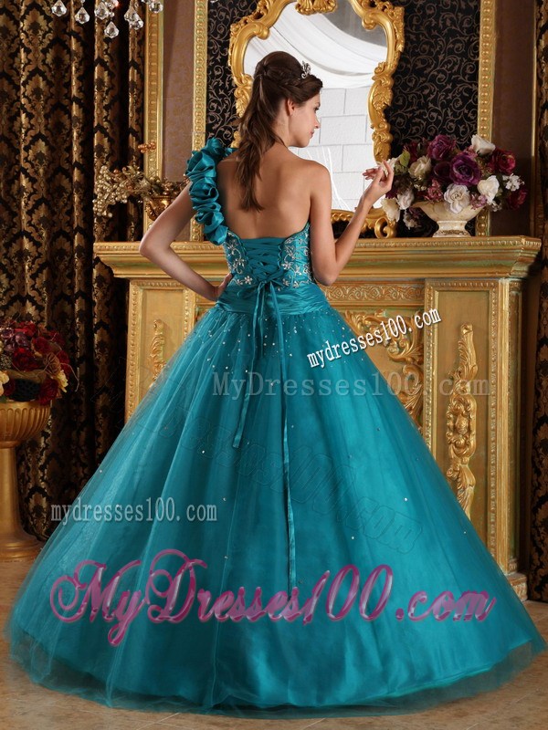 Turquoise Appliques A-line One Shoulder Sweet 15 Dresses