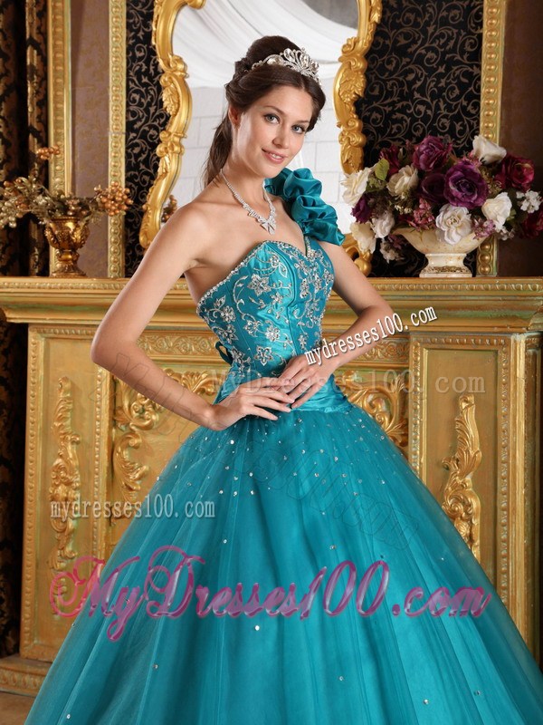 Turquoise Appliques A-line One Shoulder Sweet 15 Dresses