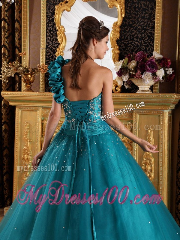 Turquoise Appliques A-line One Shoulder Sweet 15 Dresses