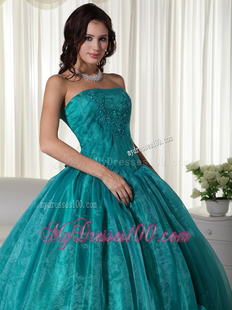 Turquoise Ball Gown Strapless Floor-length Organza Beading Quinceanera Dress