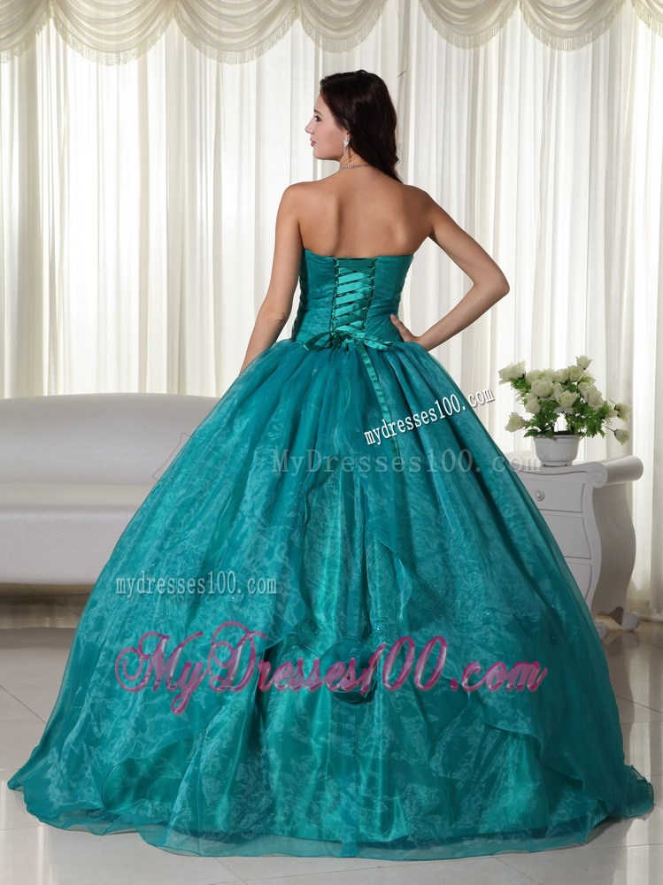 Turquoise Ball Gown Strapless Floor-length Organza Beading Quinceanera Dress