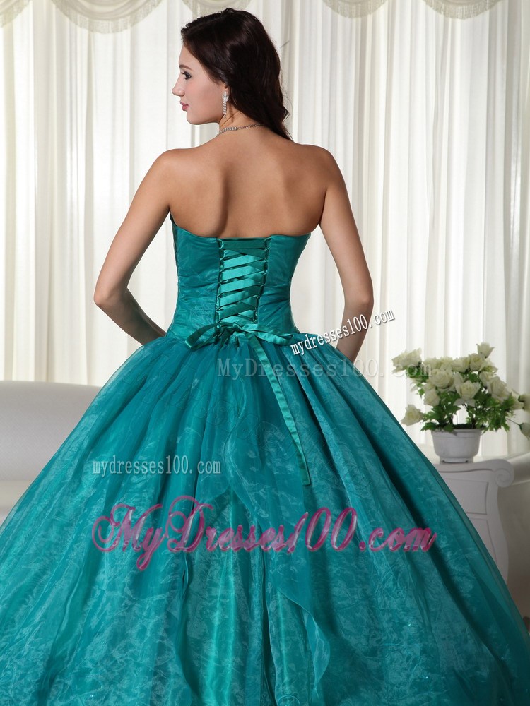 Turquoise Ball Gown Strapless Floor-length Organza Beading Quinceanera Dress