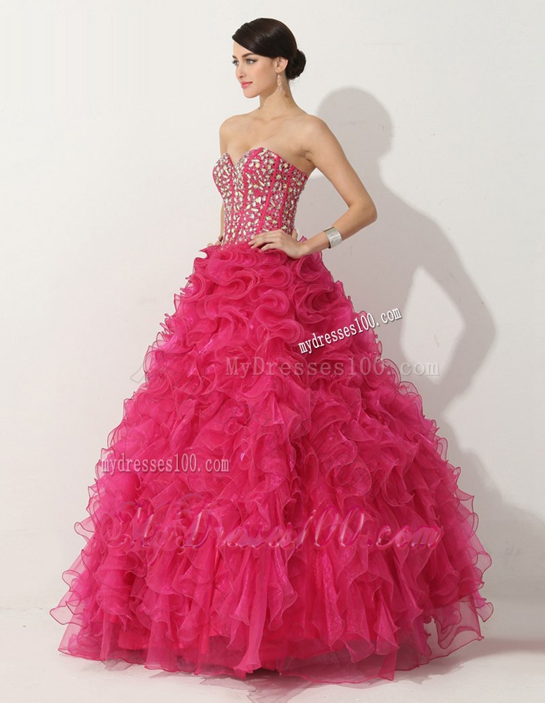 Visible Boning Hot Pink Quinceanera Gown with Beading and Ruffles