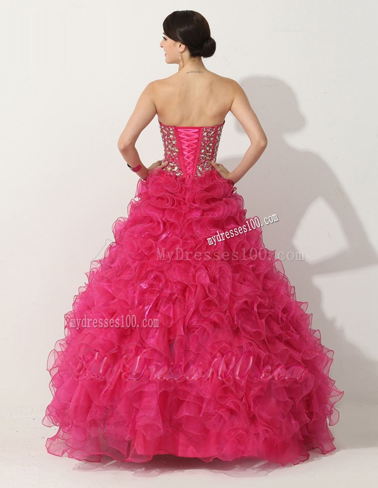 Visible Boning Hot Pink Quinceanera Gown with Beading and Ruffles