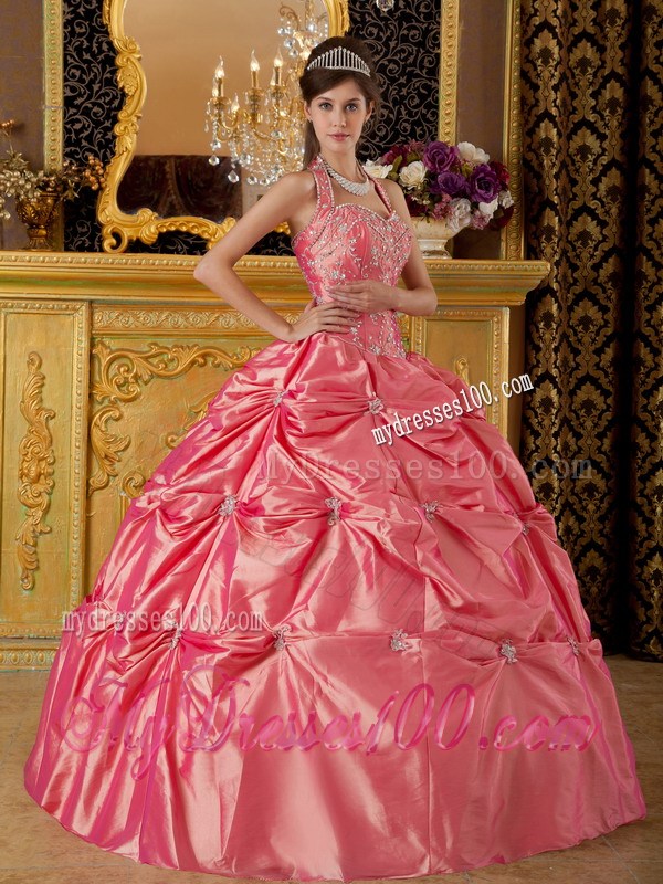 Taffeta Pick Ups Waltermelon Sweet 15 Dresses Halter Top Beading