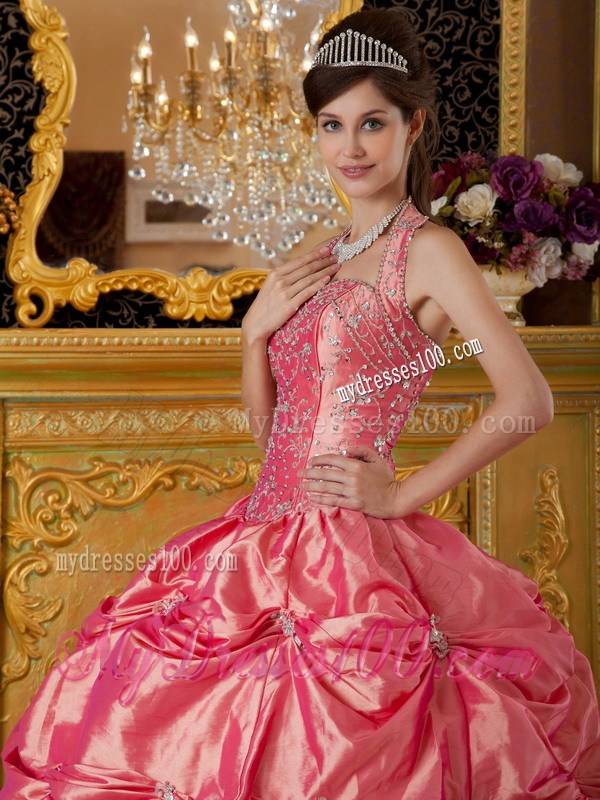 Taffeta Pick Ups Waltermelon Sweet 15 Dresses Halter Top Beading