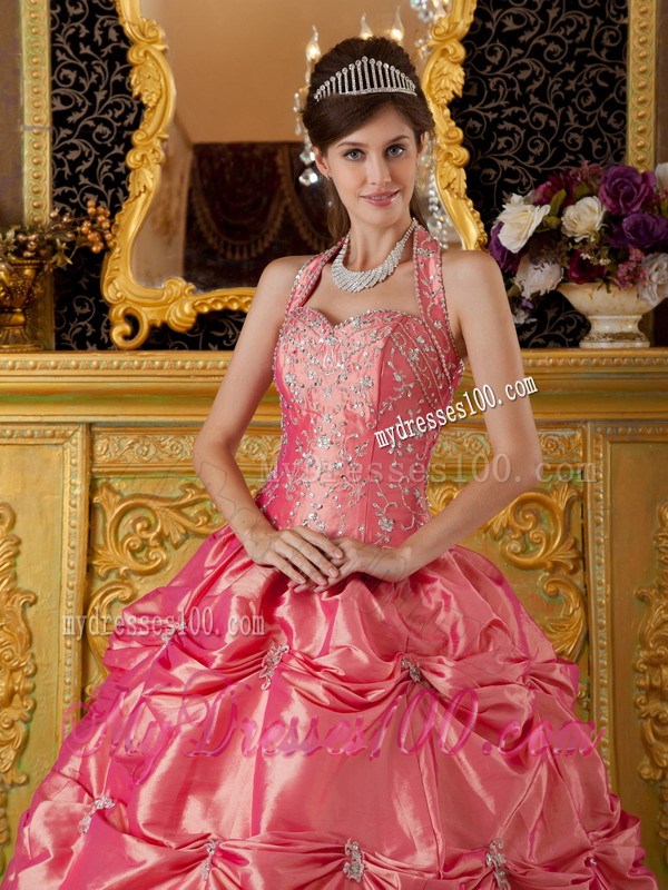 Taffeta Pick Ups Waltermelon Sweet 15 Dresses Halter Top Beading