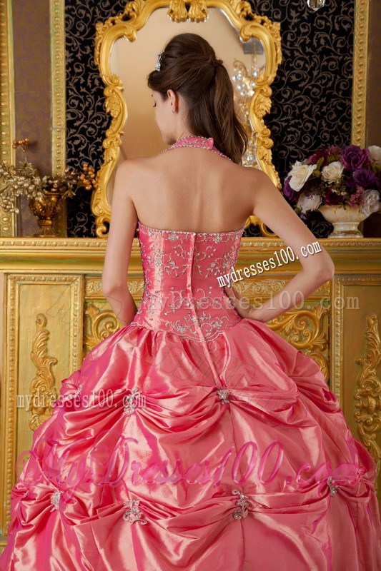 Taffeta Pick Ups Waltermelon Sweet 15 Dresses Halter Top Beading