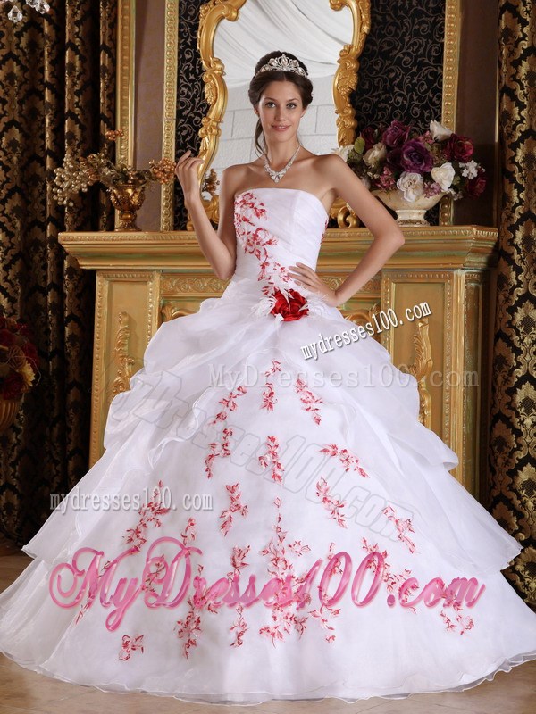 White Strapless Quinceanera Dresses Red Appliques Pick Ups