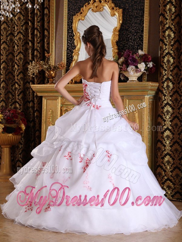 White Strapless Quinceanera Dresses Red Appliques Pick Ups