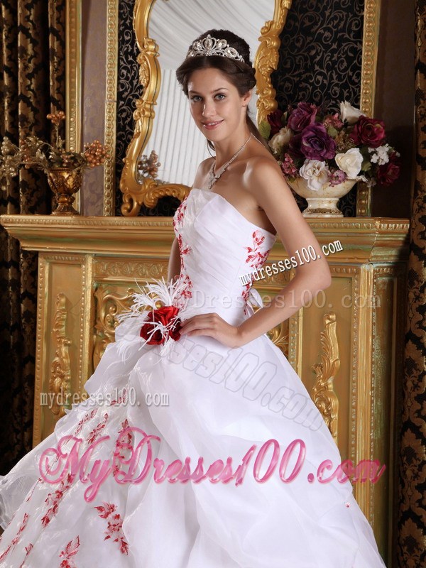 White Strapless Quinceanera Dresses Red Appliques Pick Ups