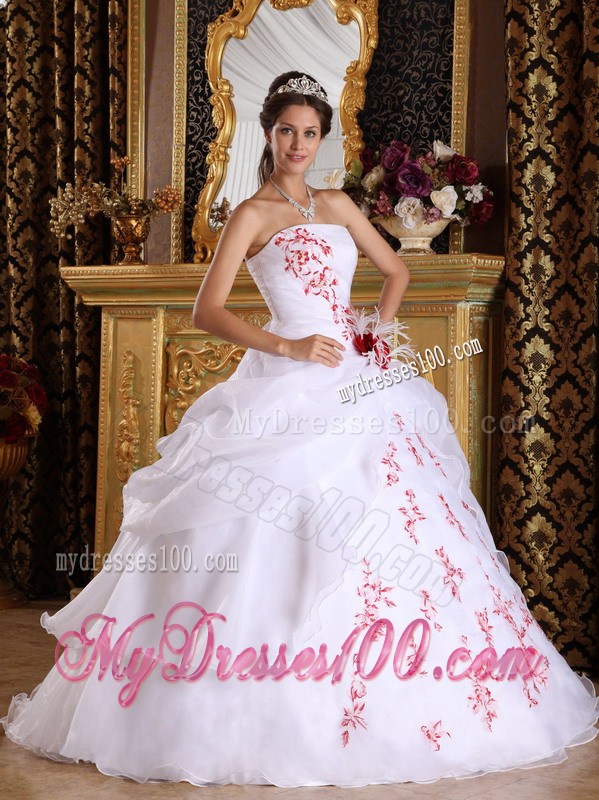 White Strapless Quinceanera Dresses Red Appliques Pick Ups
