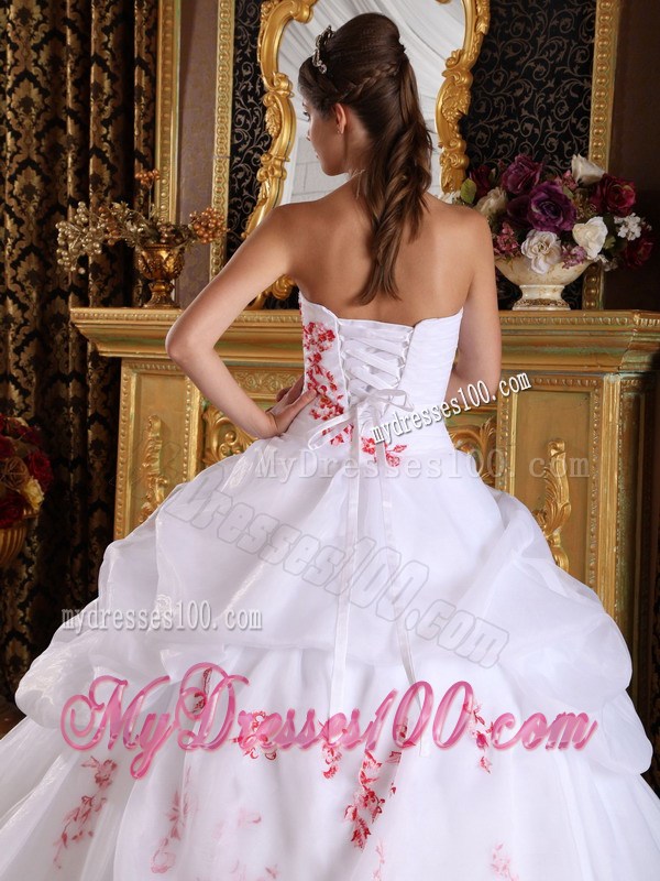 White Strapless Quinceanera Dresses Red Appliques Pick Ups