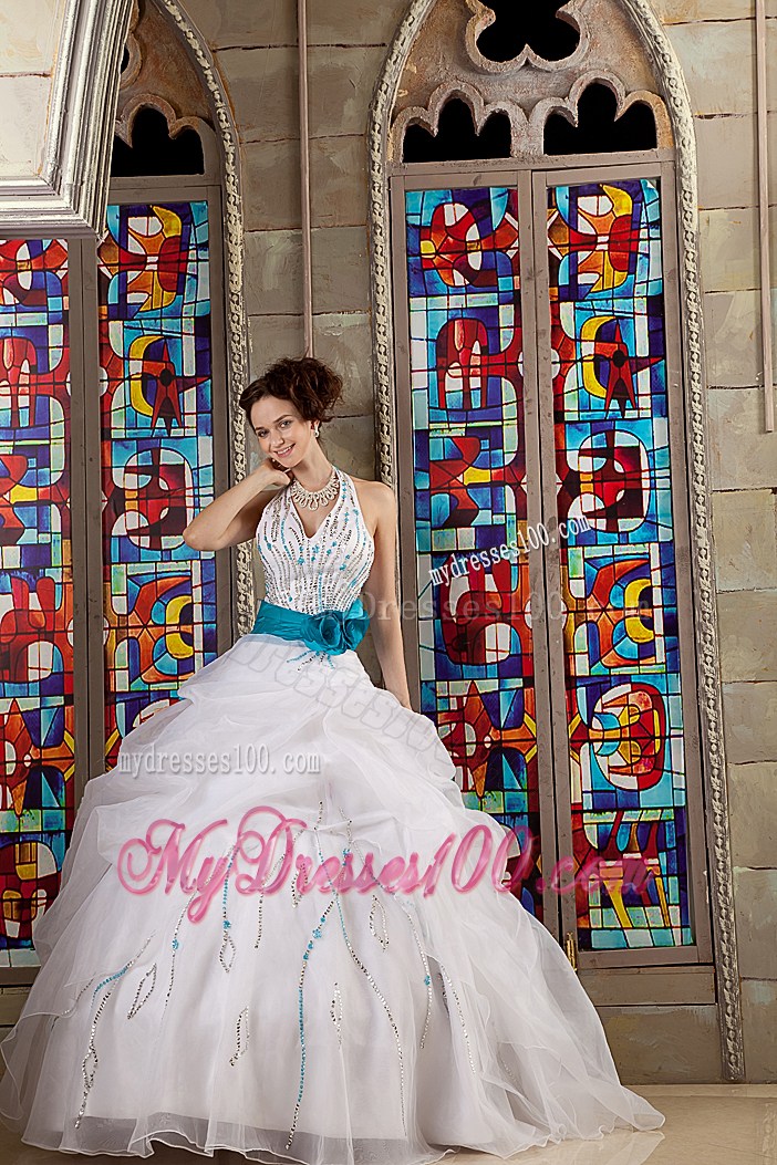 Halter Top Appliques Quinceanera Gowns on Sale Handmade Flower