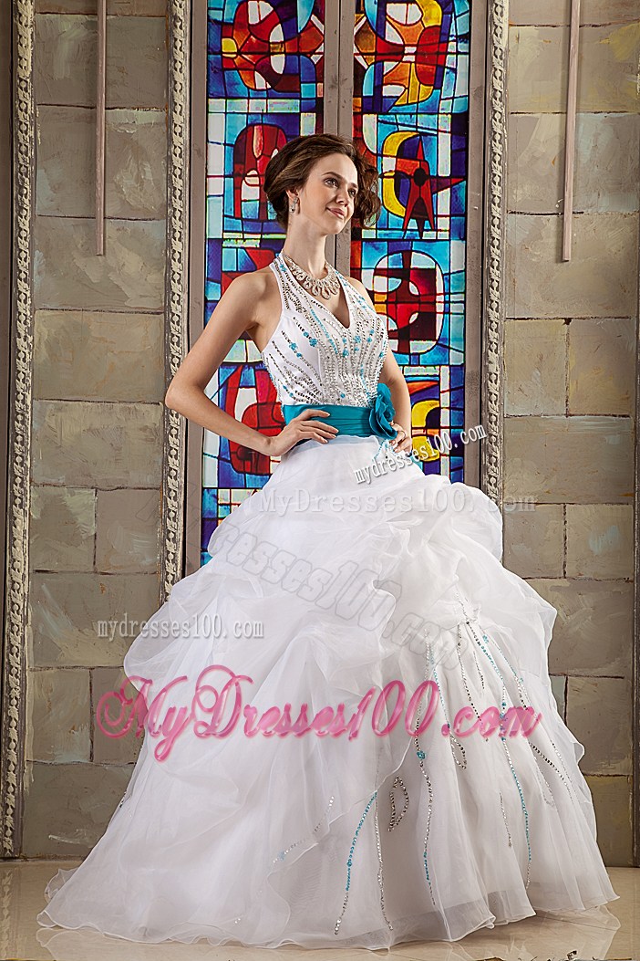 Halter Top Appliques Quinceanera Gowns on Sale Handmade Flower
