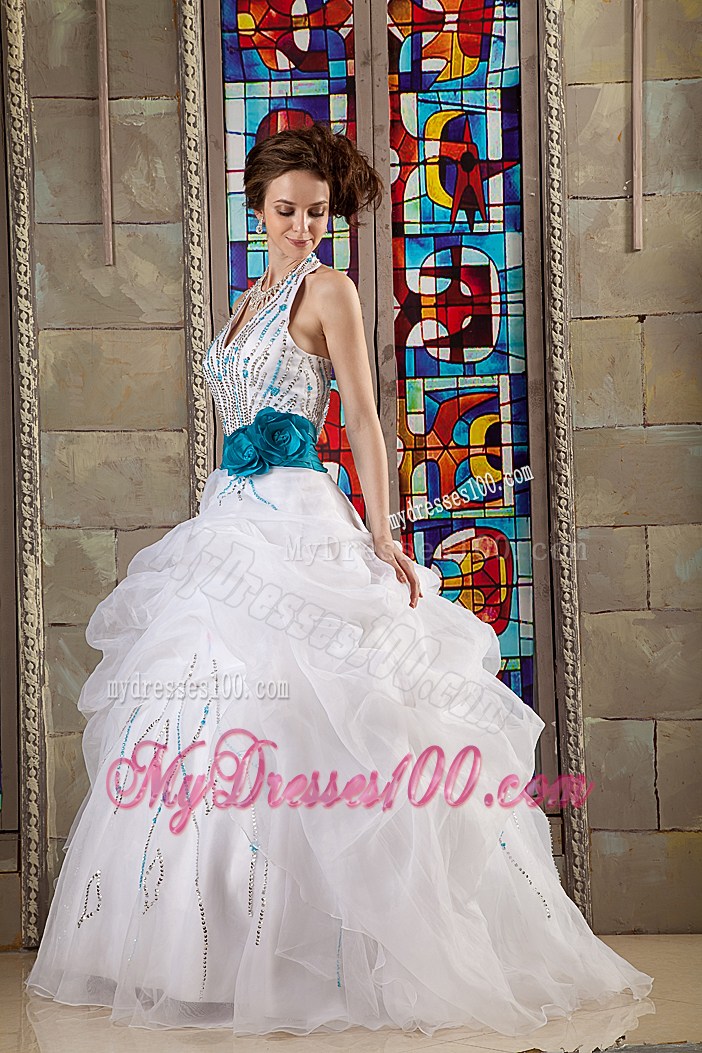 Halter Top Appliques Quinceanera Gowns on Sale Handmade Flower