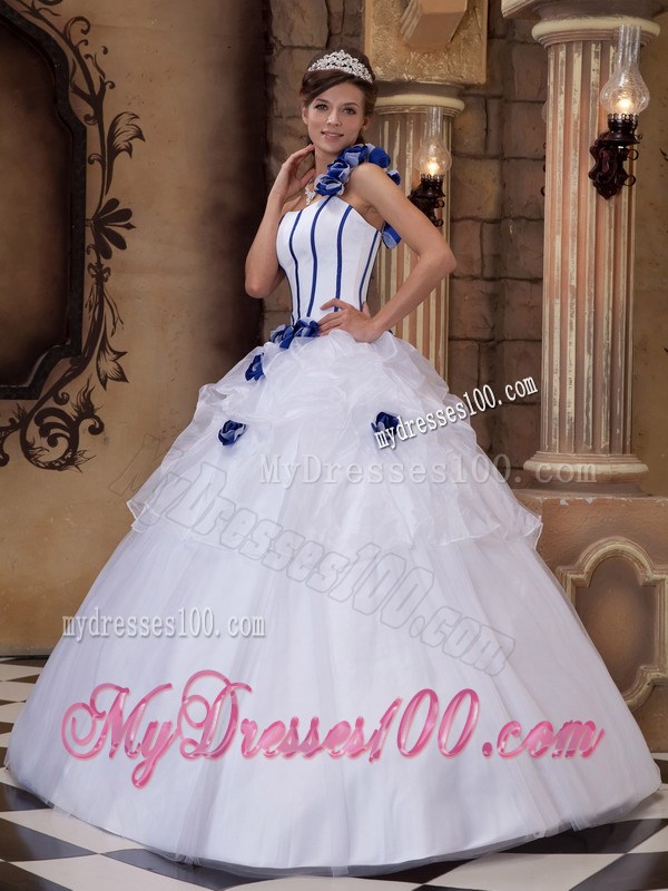 One Shoulder Corset Back Handmade Flowers White Sweet 15 Dresses
