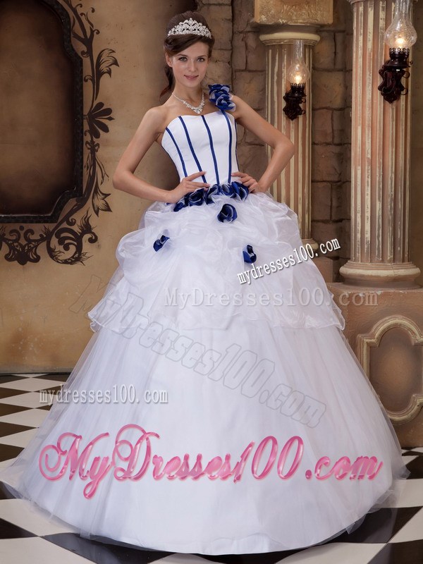 One Shoulder Corset Back Handmade Flowers White Sweet 15 Dresses