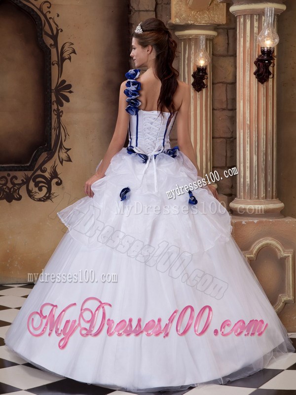 One Shoulder Corset Back Handmade Flowers White Sweet 15 Dresses