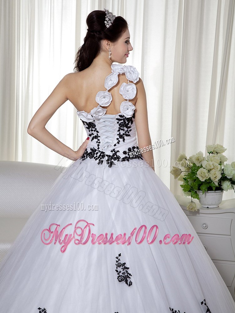 White One Shoulder Quinceanera Dresses with Black Lace Appliques