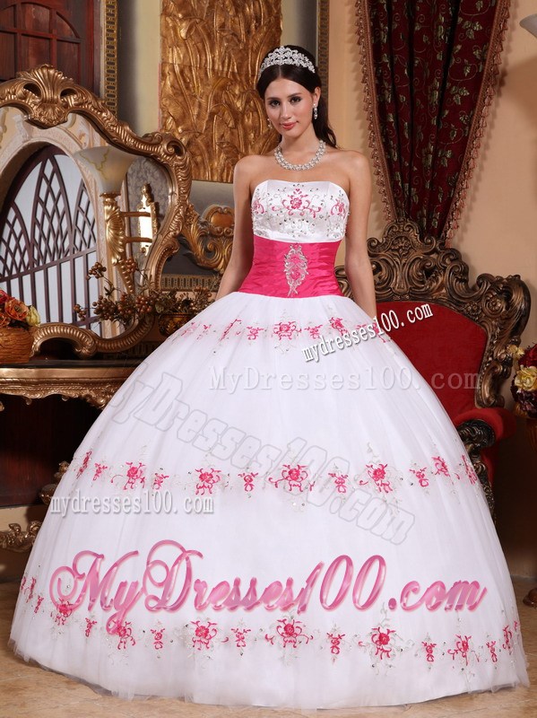 White Strapless Ball Gown Sweet Sisteen Dresses with Pink Decoration