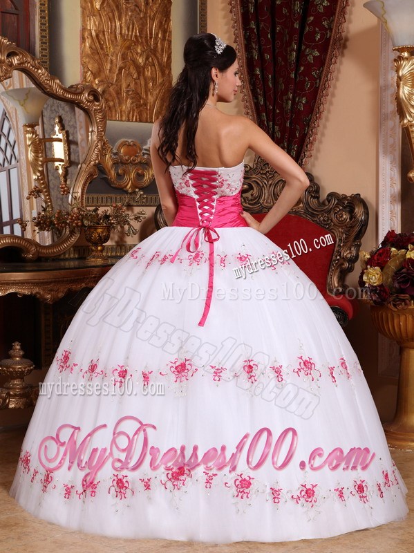 White Strapless Ball Gown Sweet Sisteen Dresses with Pink Decoration