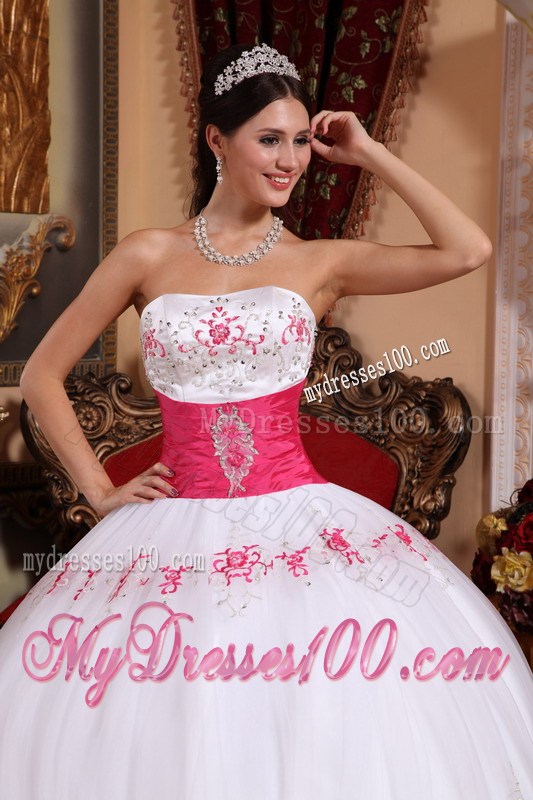 White Strapless Ball Gown Sweet Sisteen Dresses with Pink Decoration