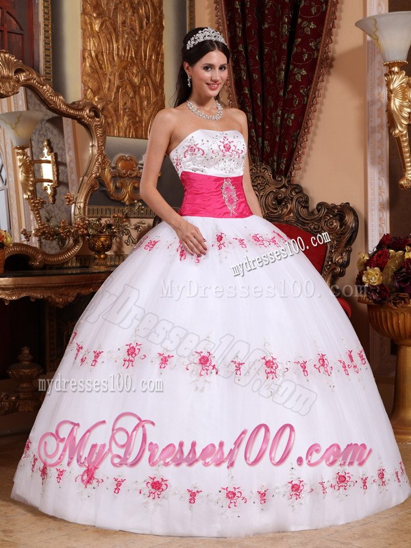White Strapless Ball Gown Sweet Sisteen Dresses with Pink Decoration