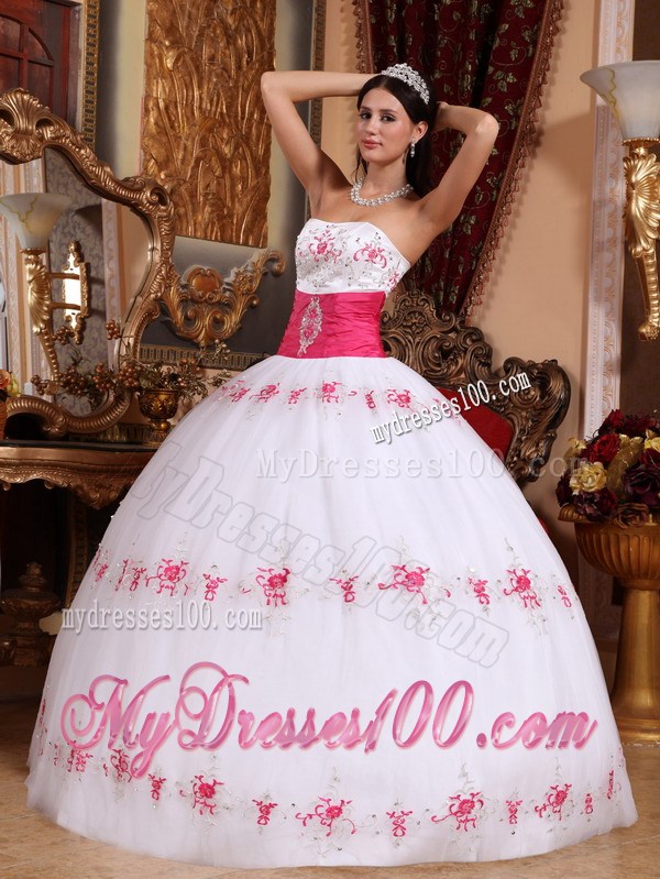 White Strapless Ball Gown Sweet Sisteen Dresses with Pink Decoration