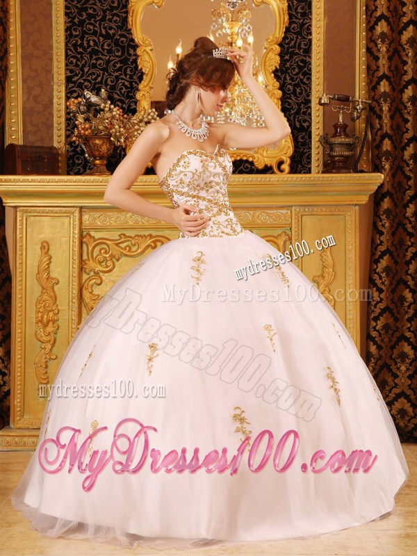 Pink Floor Length Ball Gown Quinceanera Dresses with Gold Appliques