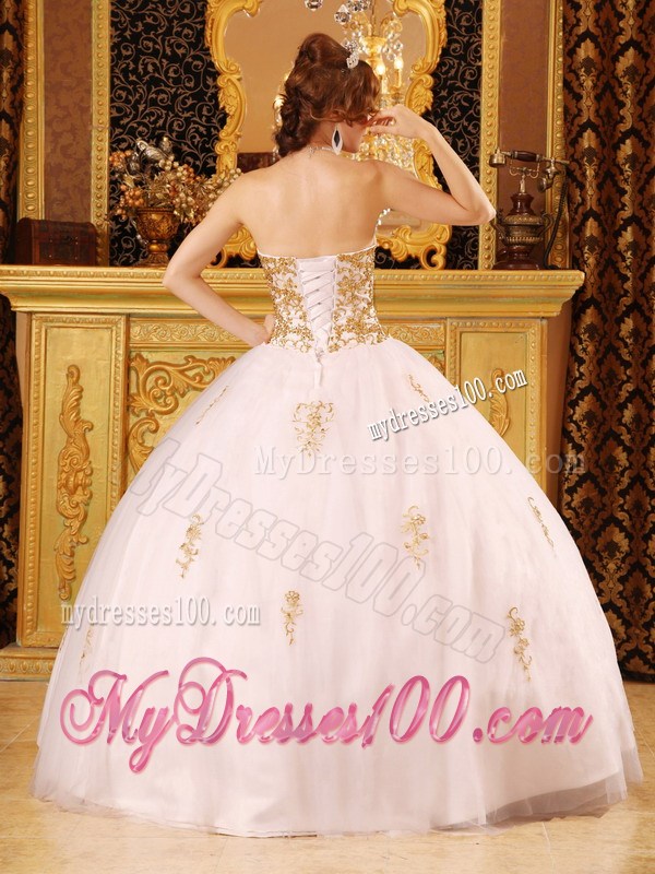 Pink Floor Length Ball Gown Quinceanera Dresses with Gold Appliques