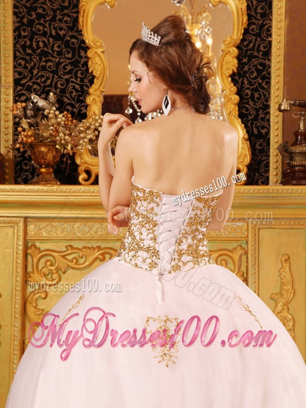 Pink Floor Length Ball Gown Quinceanera Dresses with Gold Appliques