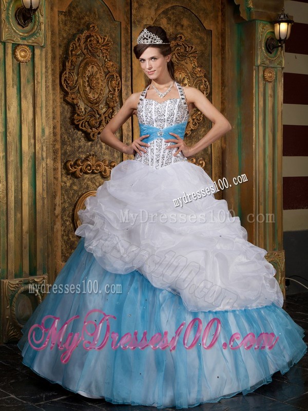 Ruffles White and Blue Quinceanera Dresses Beading Halter Top