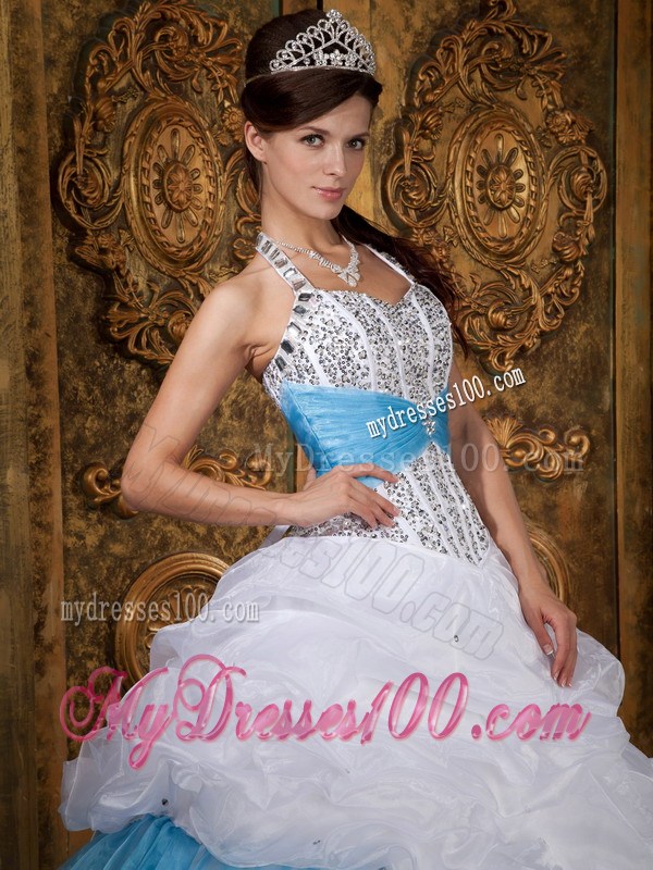 Ruffles White and Blue Quinceanera Dresses Beading Halter Top