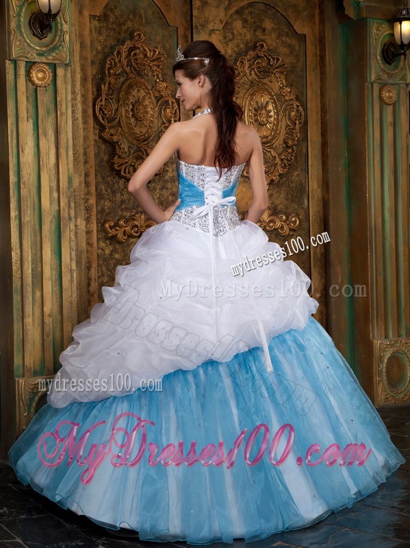 Ruffles White and Blue Quinceanera Dresses Beading Halter Top
